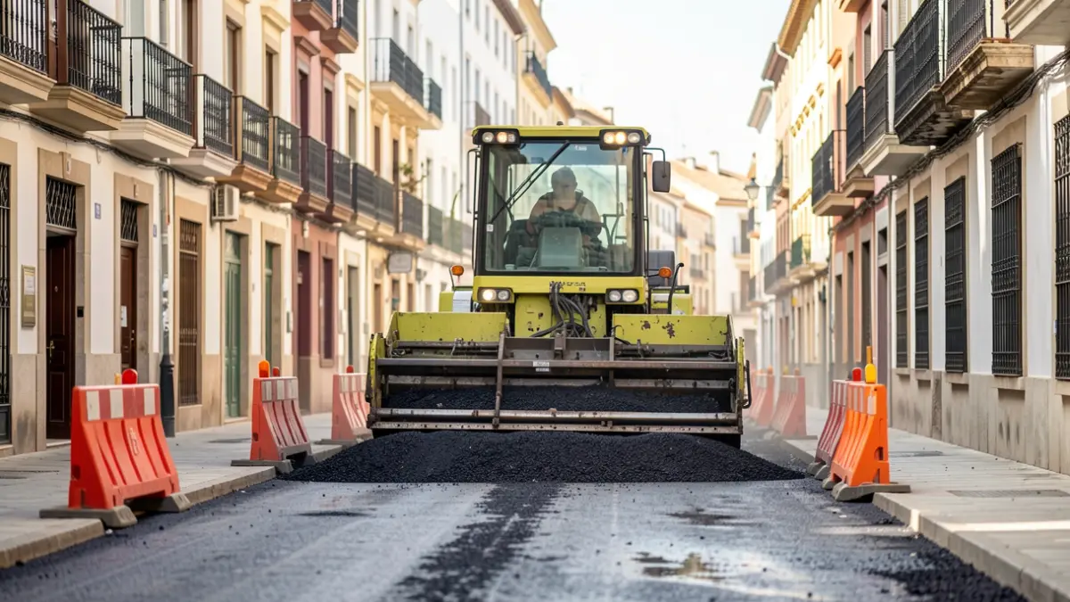 Obras de renovación de asfalto en una calle de Alcalá de Henares.