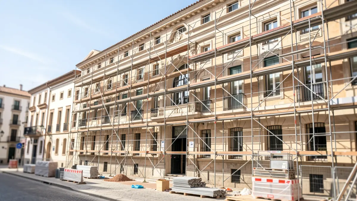 Fachada de un colegio público en Alcalá de Henares con obras de renovación en curso.