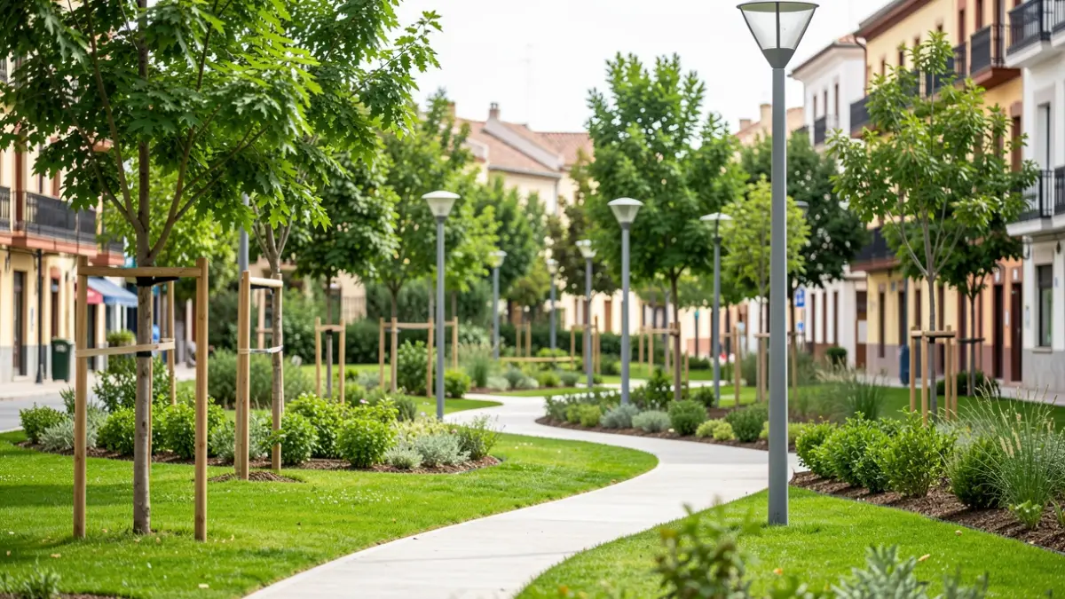 Imagen genérica de un parque urbano renovado con zonas verdes y caminos.