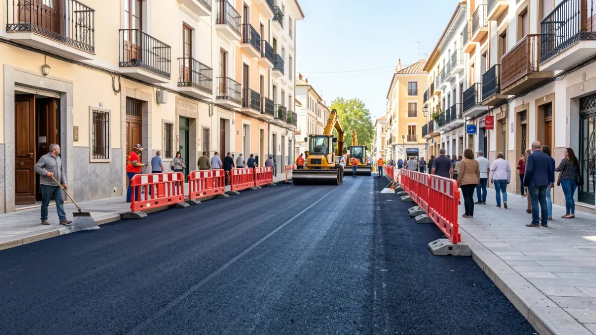 Asphalt paving works on Gran Canal street in the Venecia neighborhood of Alcalá de Henares.