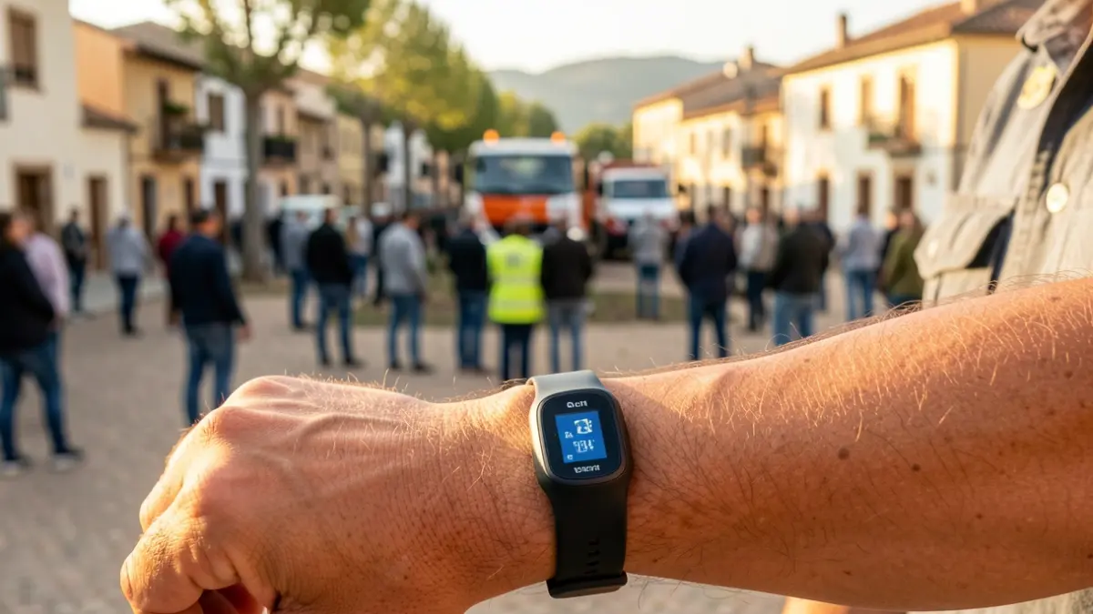 Temperature monitoring wristband on a worker's arm in a municipal service park.