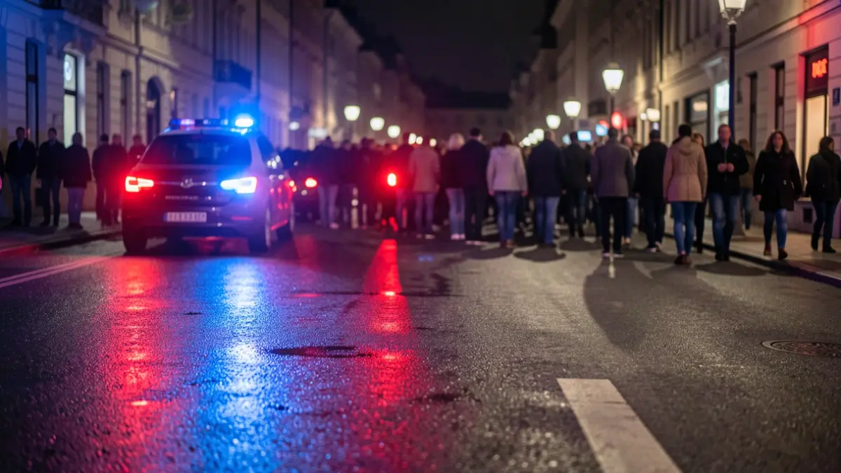 Imagen genérica de luces de emergencia policiales reflejándose en asfalto mojado por la noche.