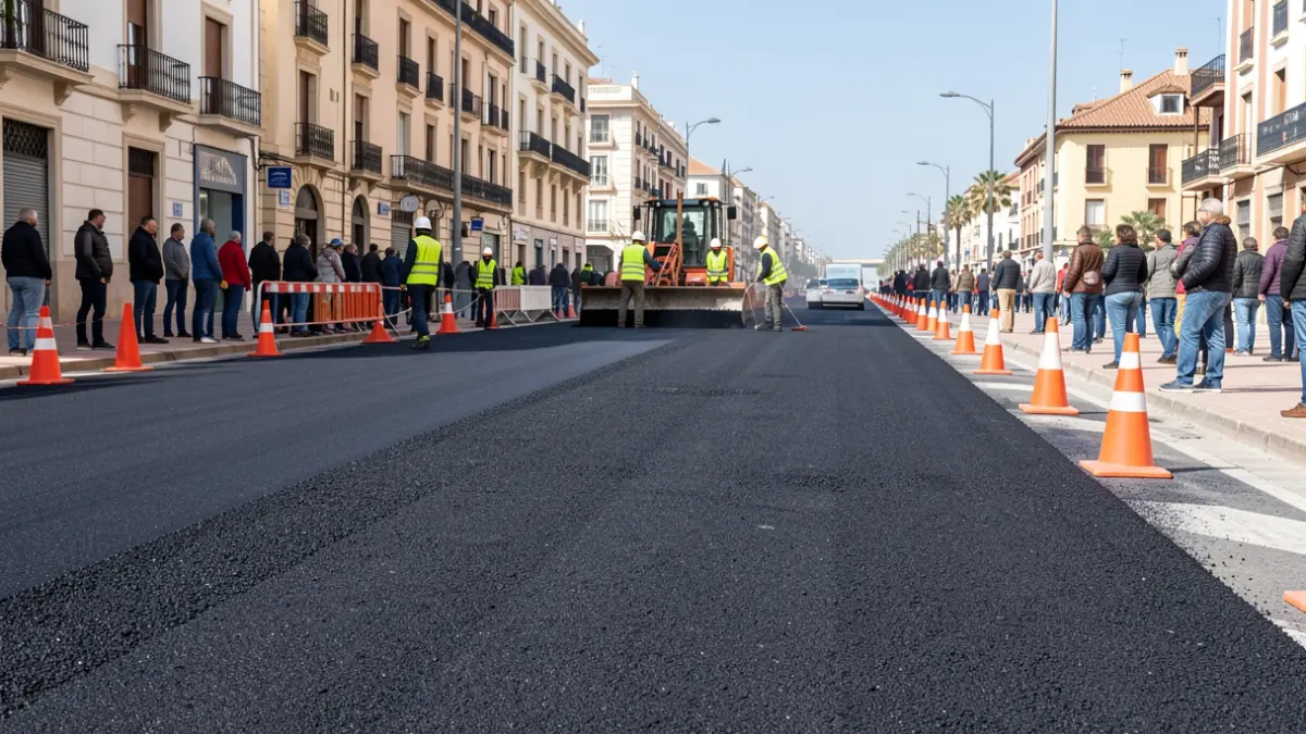 Generic image of asphalt road works in a street in Alcalá de Henares with workers and machinery.