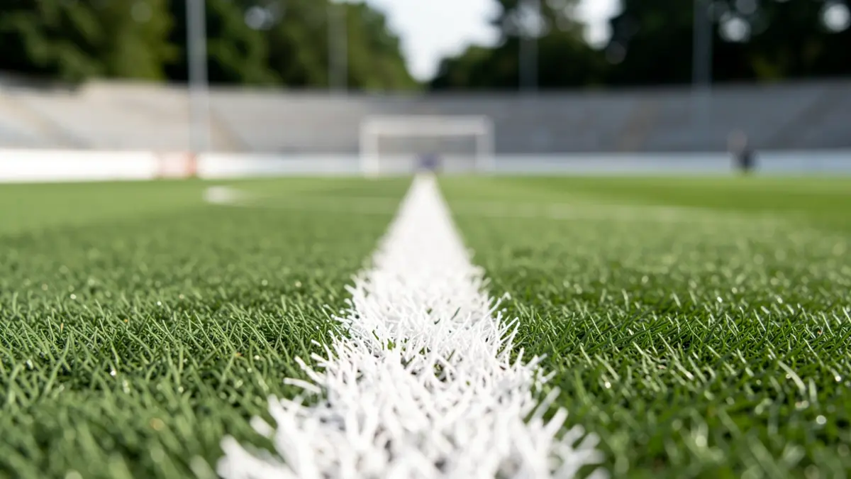 Close-up of a football field with artificial turf and white lines.