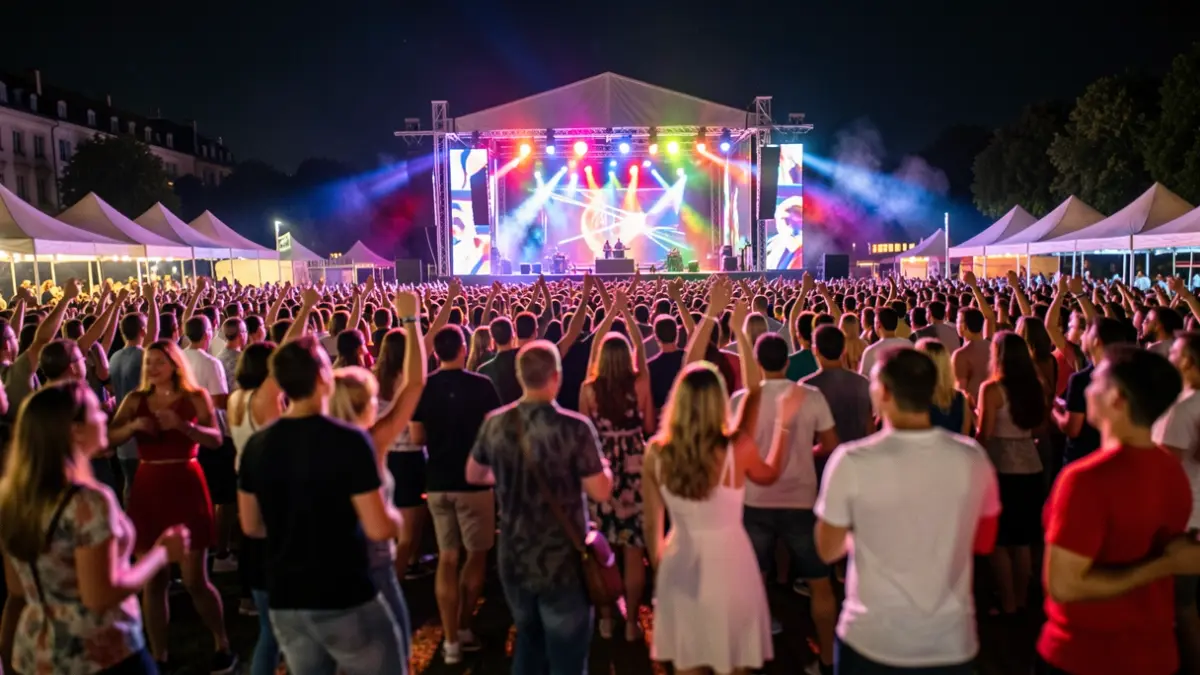 Imagen genérica de una multitud bailando bajo luces de colores en un festival de música electrónica por la noche.