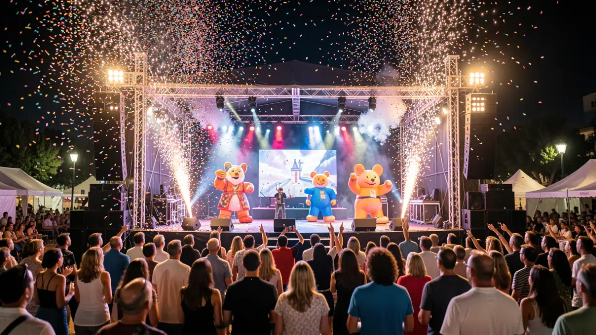 Festive night scene at an outdoor auditorium with confetti cannons and inflatable figures on stage.