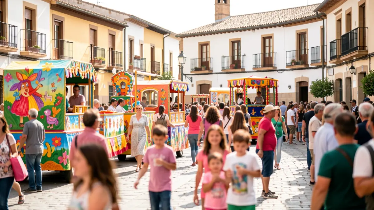 Imagen genérica de un pasacalles festivo en una plaza española con familias disfrutando.
