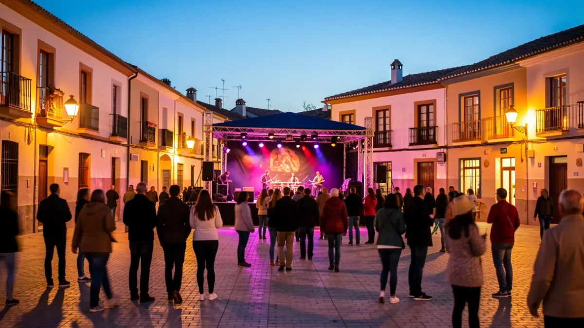 Alcorcón square during festivities with a stage and audience.
