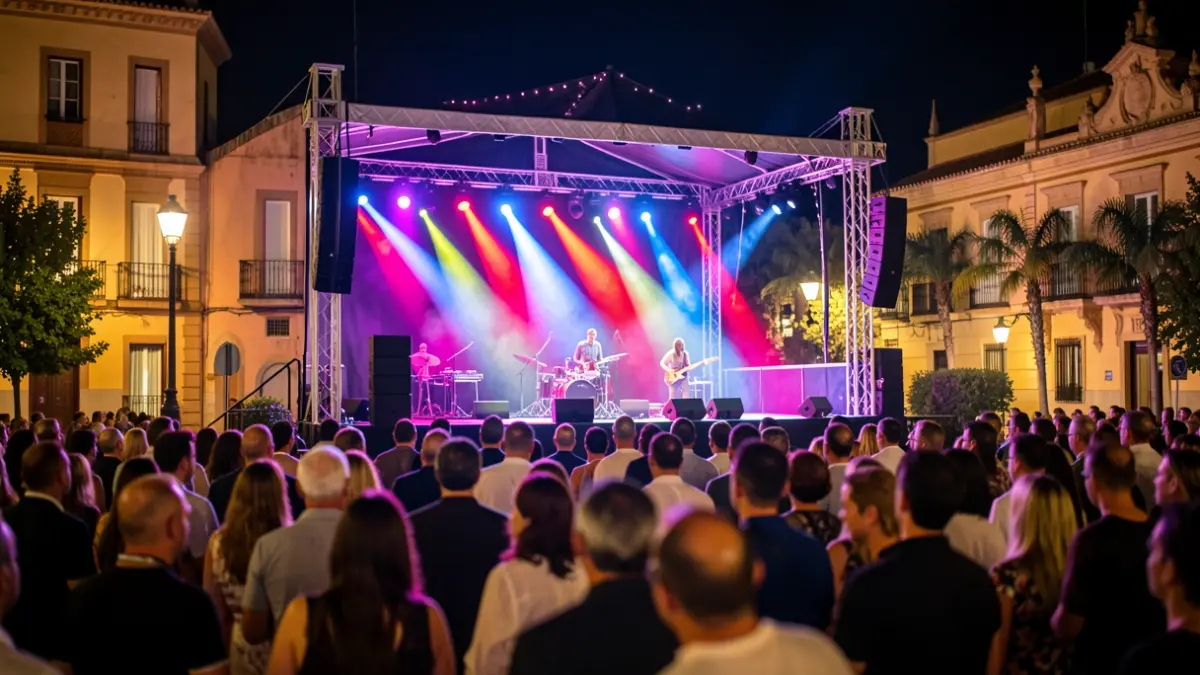 Escenario de concierto al aire libre en Alcorcón durante las fiestas patronales, con luces de colores y público difuminado.