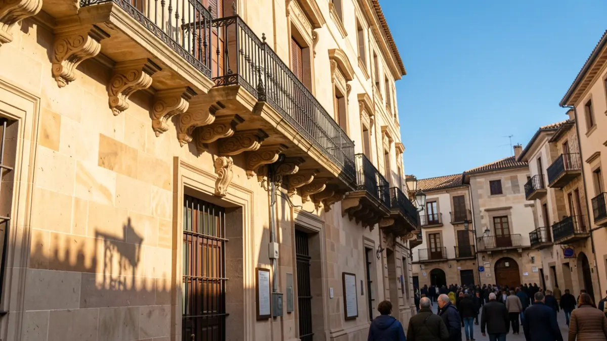Facade of a traditional Spanish town hall with ornate balconies and iron railings, under warm afternoon sunlight.