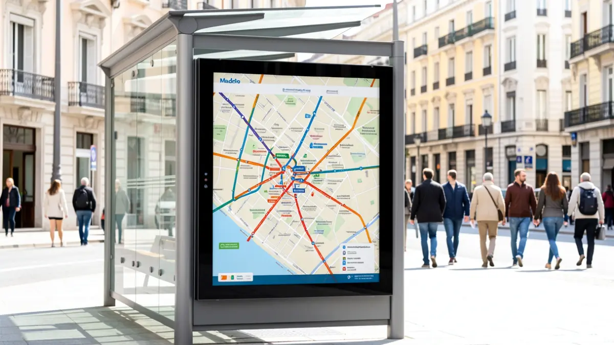 Modern bus stop shelter with an interactive touchscreen displaying a Madrid public transport map.