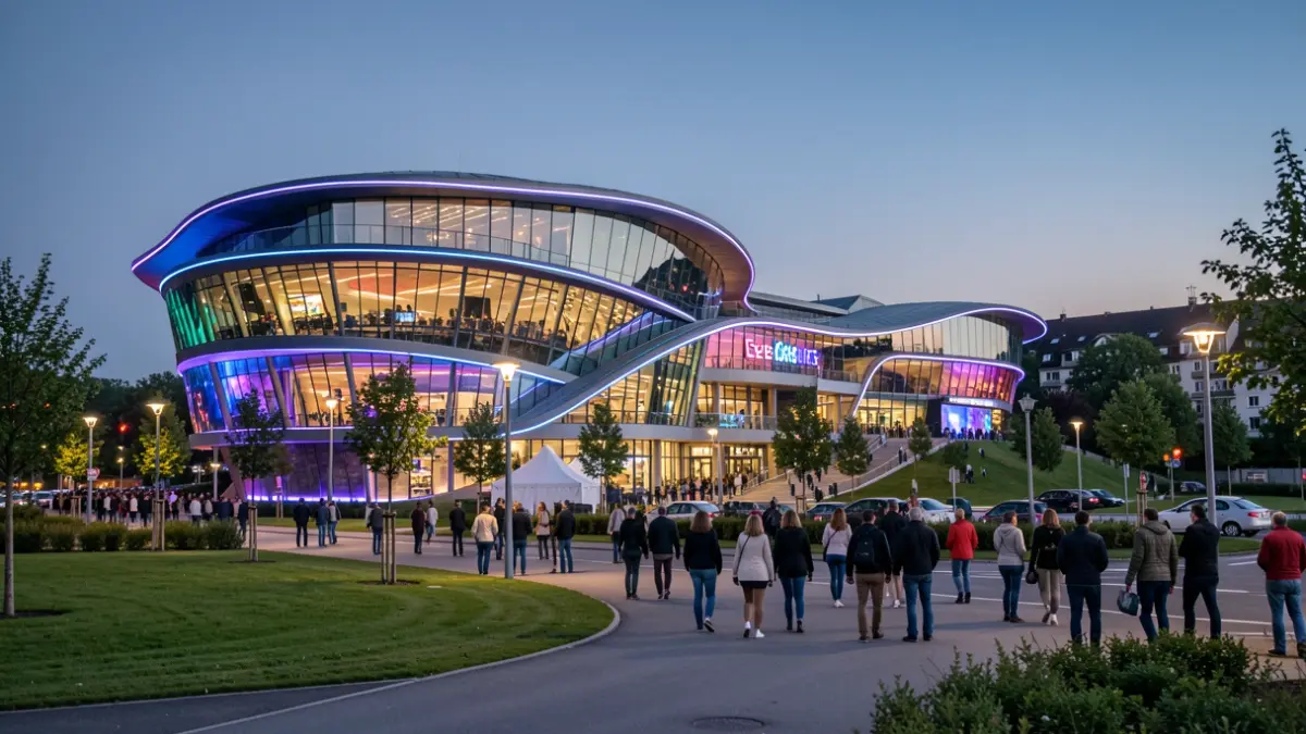 Generic image of a large, modern entertainment complex with vibrant lighting at dusk.
