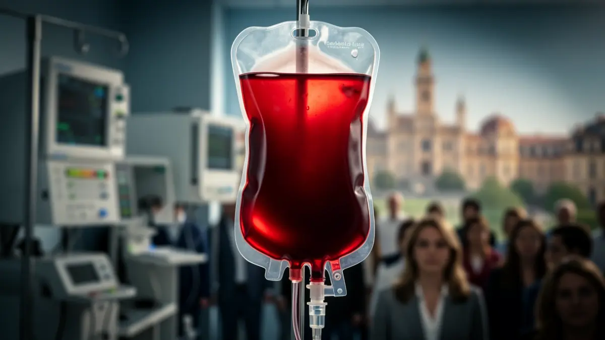 Bolsa de sangre con un fondo borroso que evoca urgencia médica y la Comunidad de Madrid.