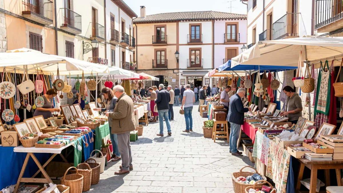 Imagen genérica de un mercadillo de artesanía y segunda mano en una plaza de pueblo español.