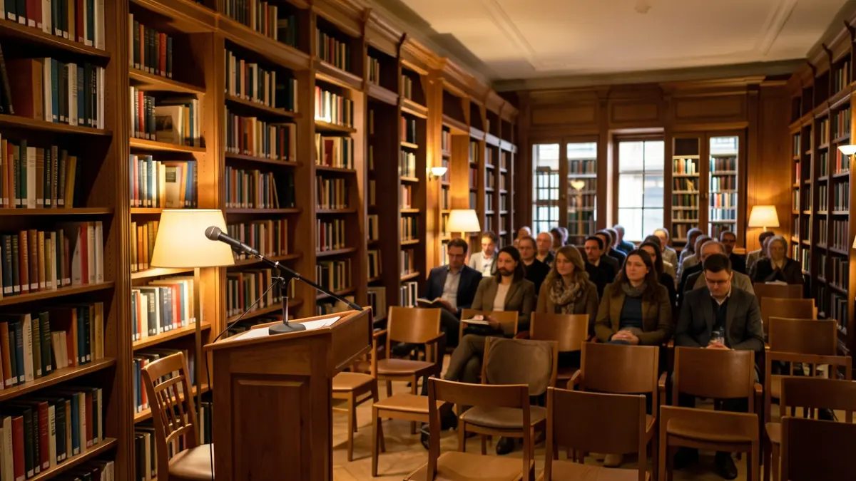 Library interior with wooden bookshelves and a cozy atmosphere for cultural activities.