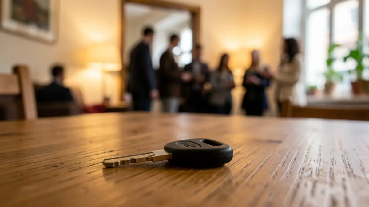 Key to a rental room on a wooden table.