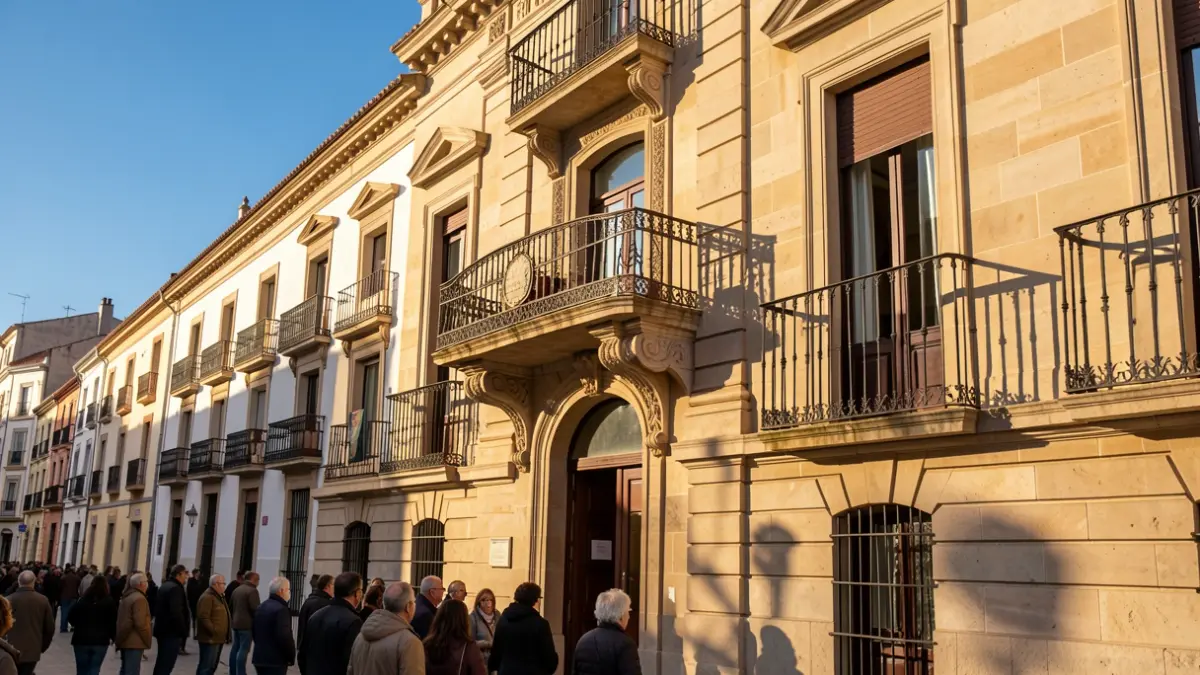 Stone facade of a la Comunidad de Madrid town hall with ornate balcony and iron railings, warm afternoon sunlight.