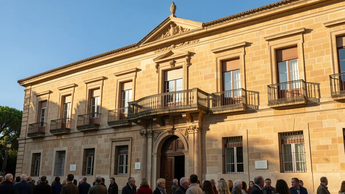 Fachada del Ayuntamiento de Aranjuez con balcón y barandillas de hierro, bajo la luz del sol de la tarde.