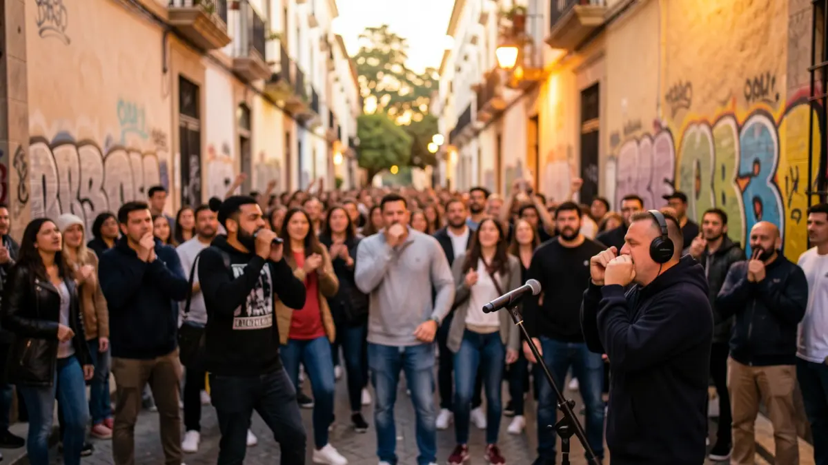 Generic image of an urban freestyle rap battle in Aranjuez with audience and microphone.