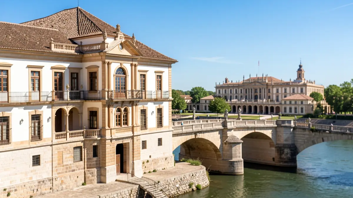 Fachada de un molino histórico y mirador junto al río Tajo, con el Palacio Real de Aranjuez al fondo.