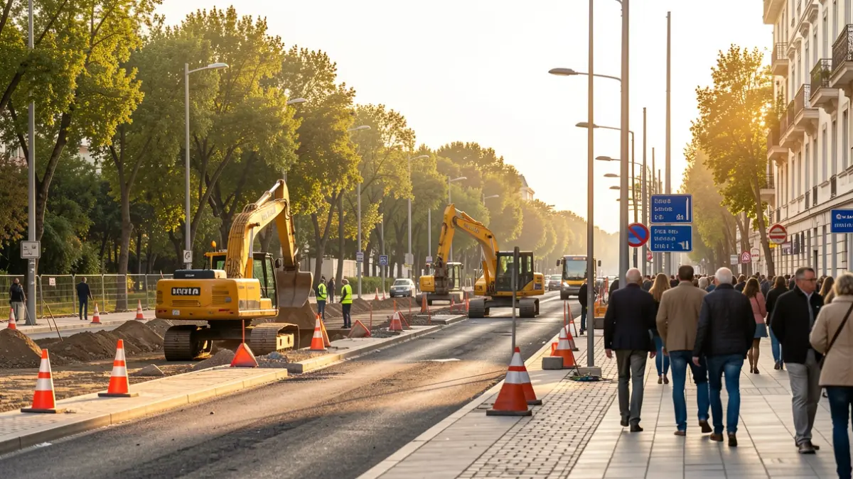 Road and sidewalk repair and asphalting works on Calle Patrimonio Mundial in Aranjuez.