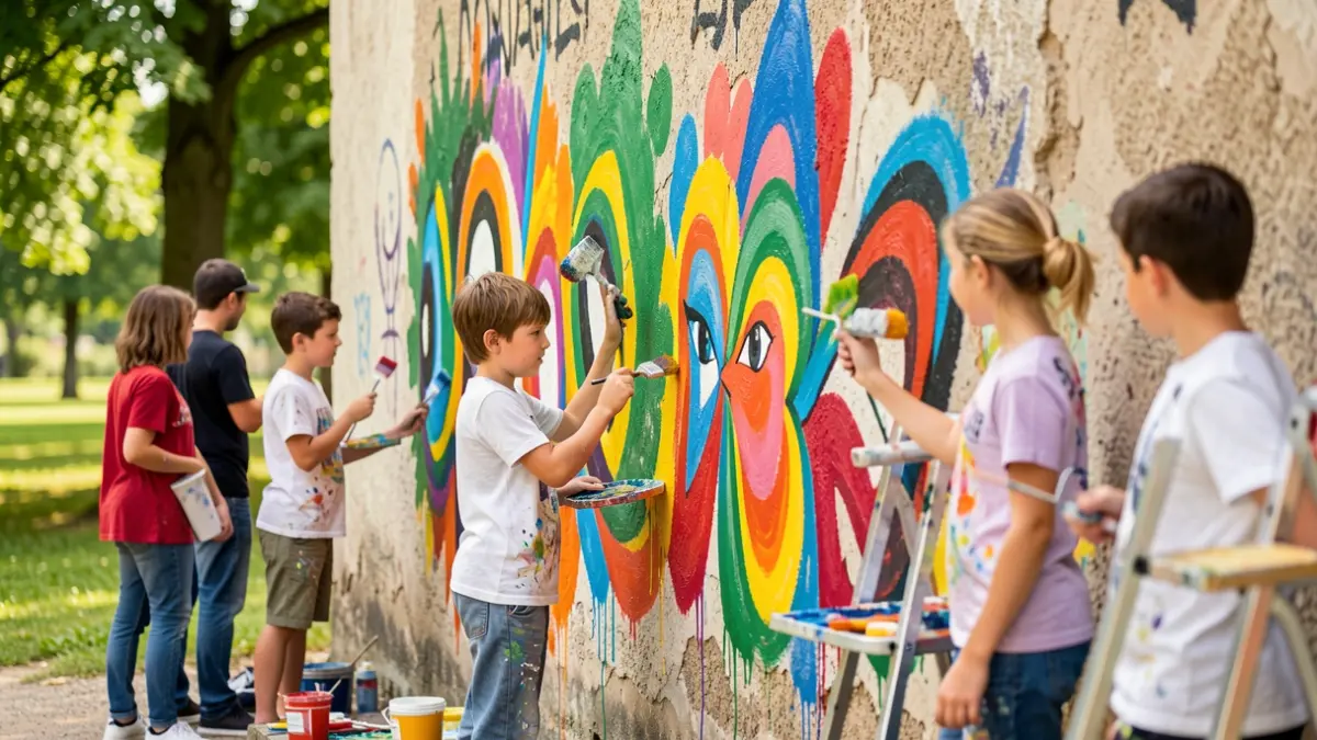 Young people painting a mural in a park.