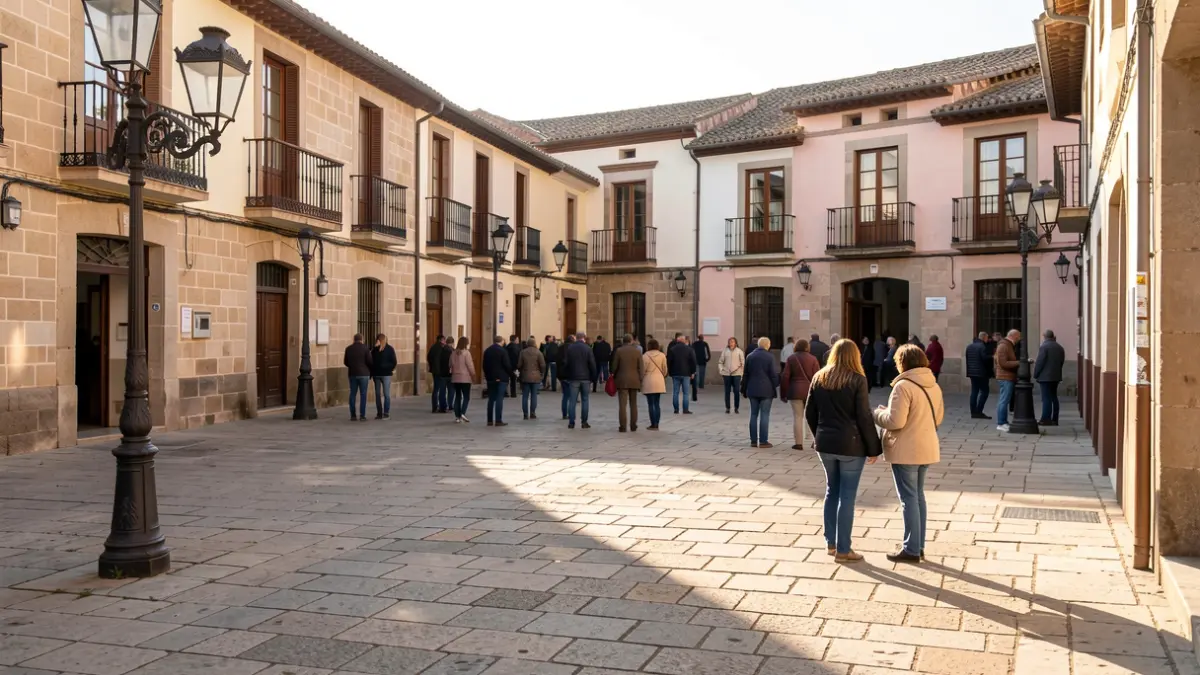 Traditional square in a Madrid municipality during a sunny afternoon.