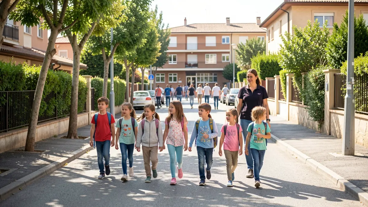 Niños caminando en grupo acompañados por un monitor hacia el colegio en Hoyo de Manzanares.