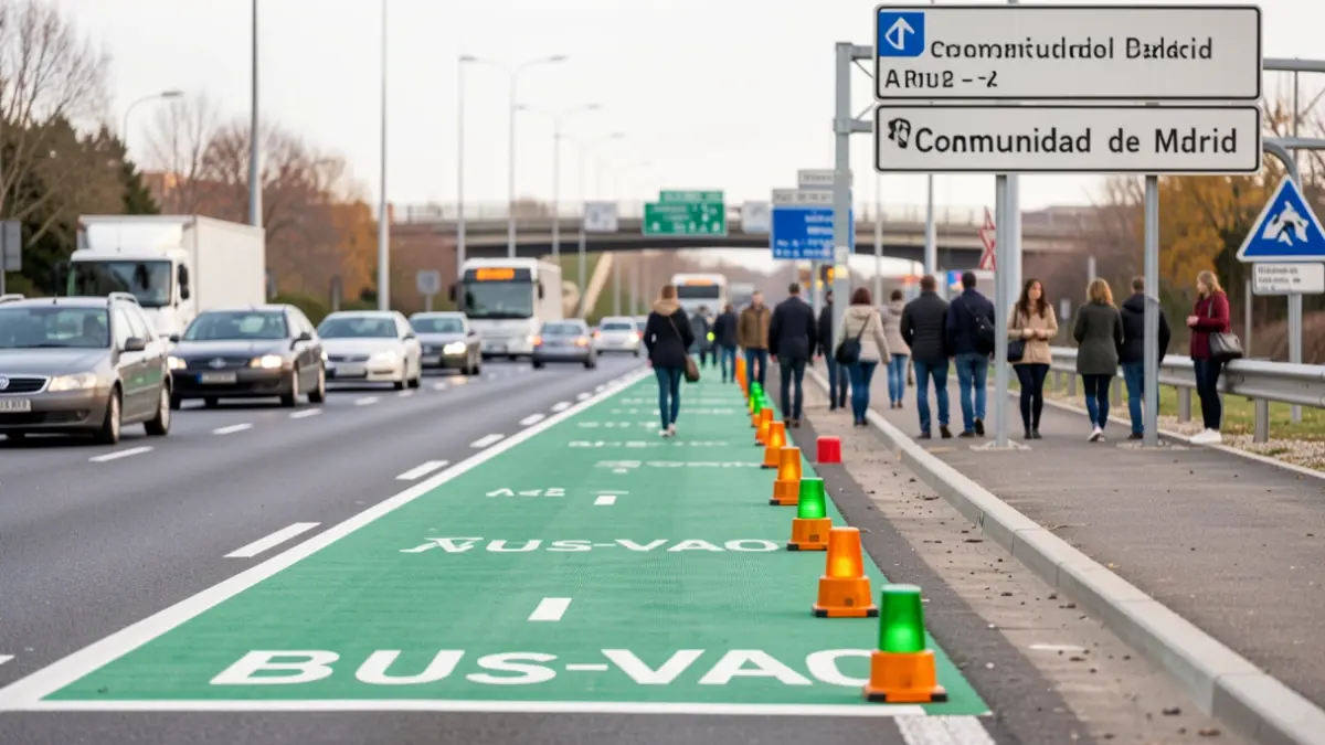 New Bus-VAO lane on the A-2 highway in the testing phase between Madrid and Torrejón de Ardoz, with luminous signage and road markings.