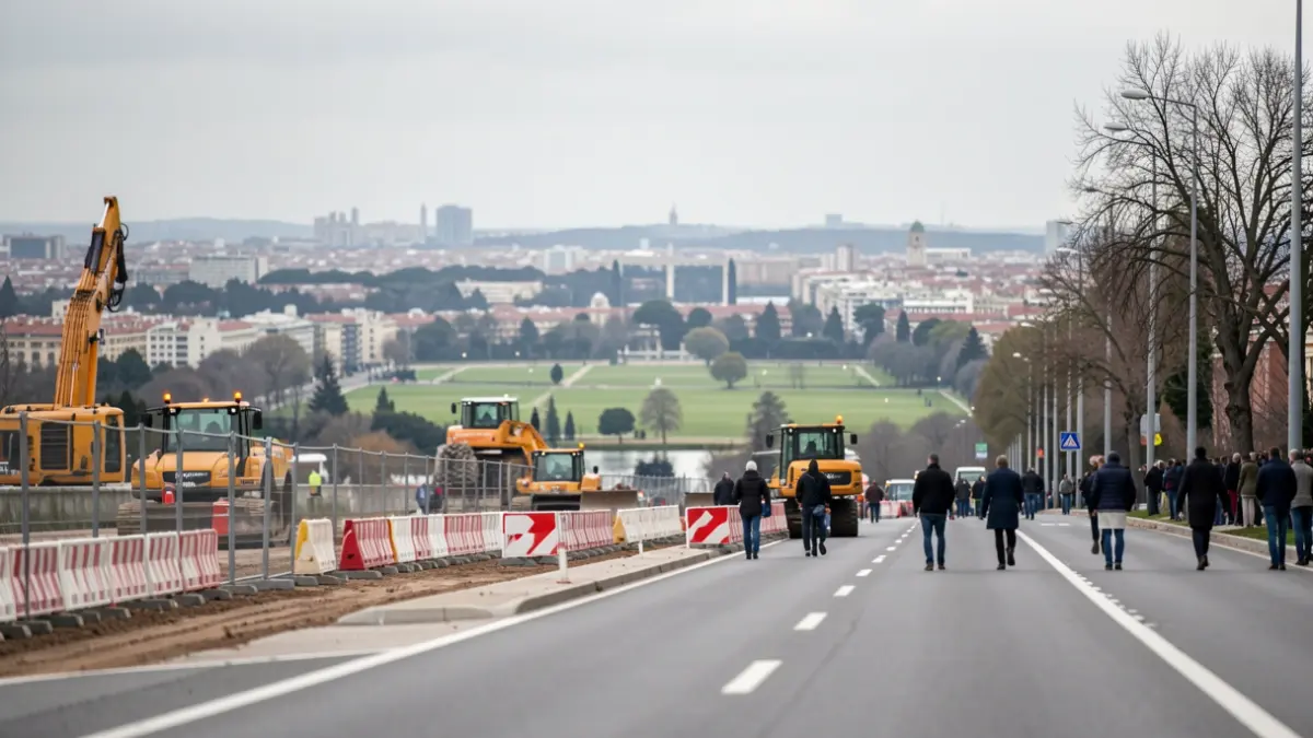 Construction work on the road from Madrid to Boadilla, with heavy machinery and barriers.