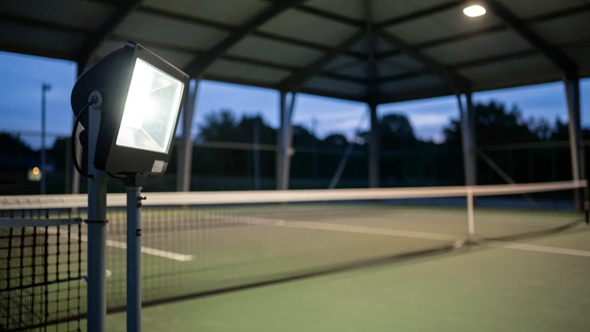 Iluminación LED moderna en una pista de pádel cubierta al anochecer.