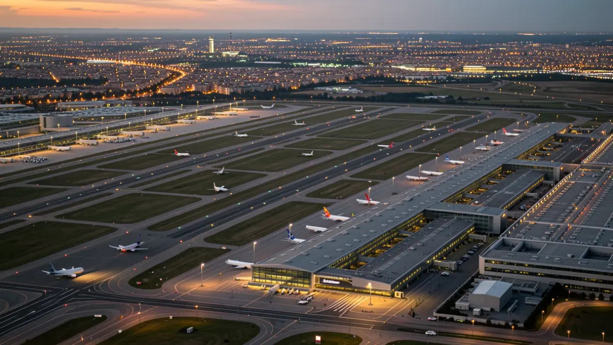Vista aérea del Aeropuerto Adolfo Suárez Madrid-Barajas al atardecer, con pistas y terminales iluminadas.