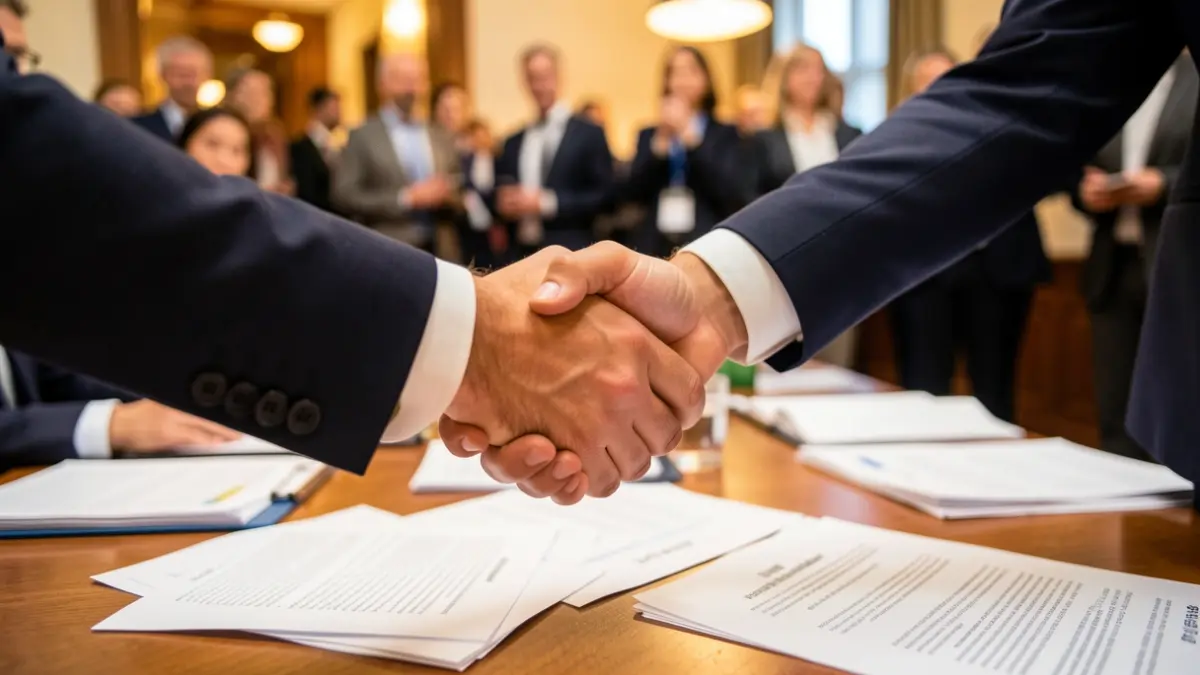 Generic image of hands shaking over a desk with documents, symbolizing economic growth.