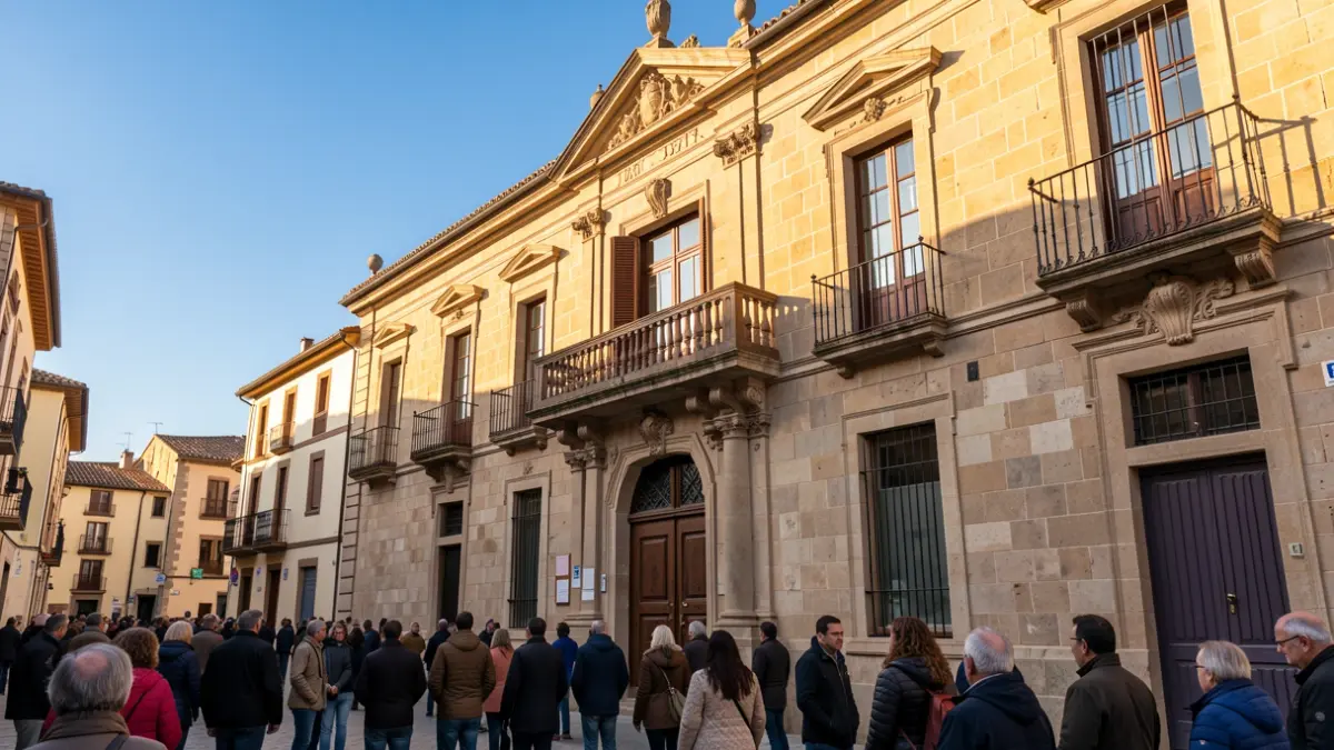 Facade of a Spanish town hall with a balcony and architectural details. Warm afternoon light.