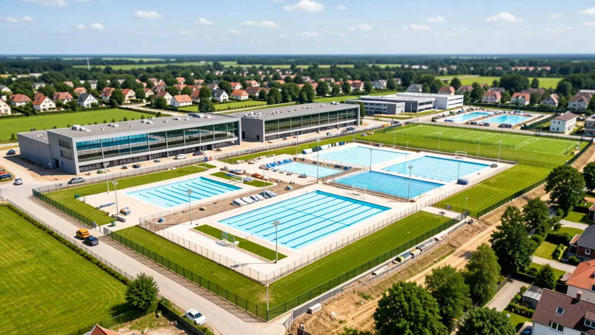 Vista aérea del nuevo complejo deportivo Solagua en Leganés durante su construcción.