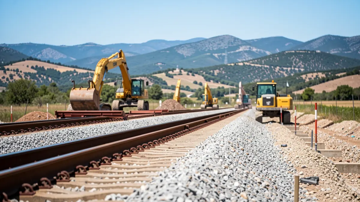 Assembly work for the new track of the C-4b commuter train line in Madrid between Colmenar Viejo and Soto del Real.