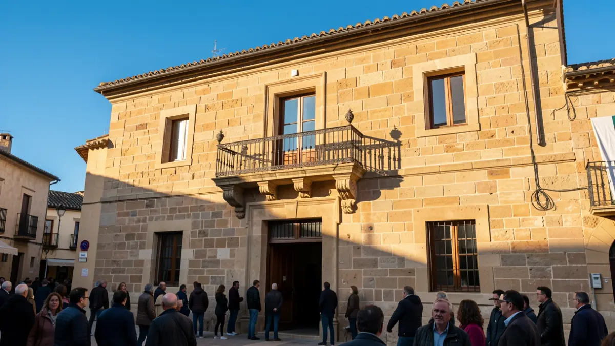 Stone town hall facade with balcony and iron railings, afternoon light.