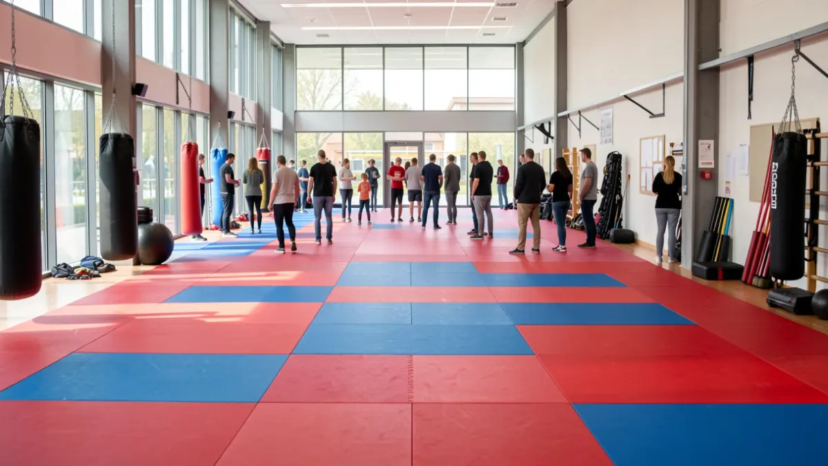 Instalación deportiva interior con tatamis de artes marciales y equipamiento de entrenamiento.