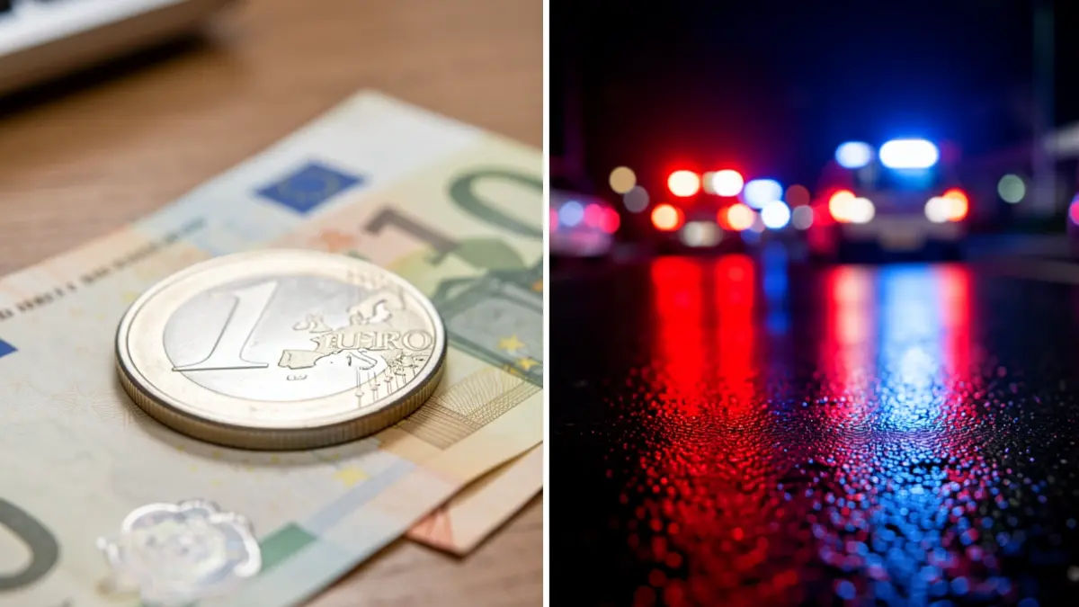 Imagen dividida: monedas y billetes de euro junto a luces de emergencia rojas y azules reflejadas en asfalto mojado.