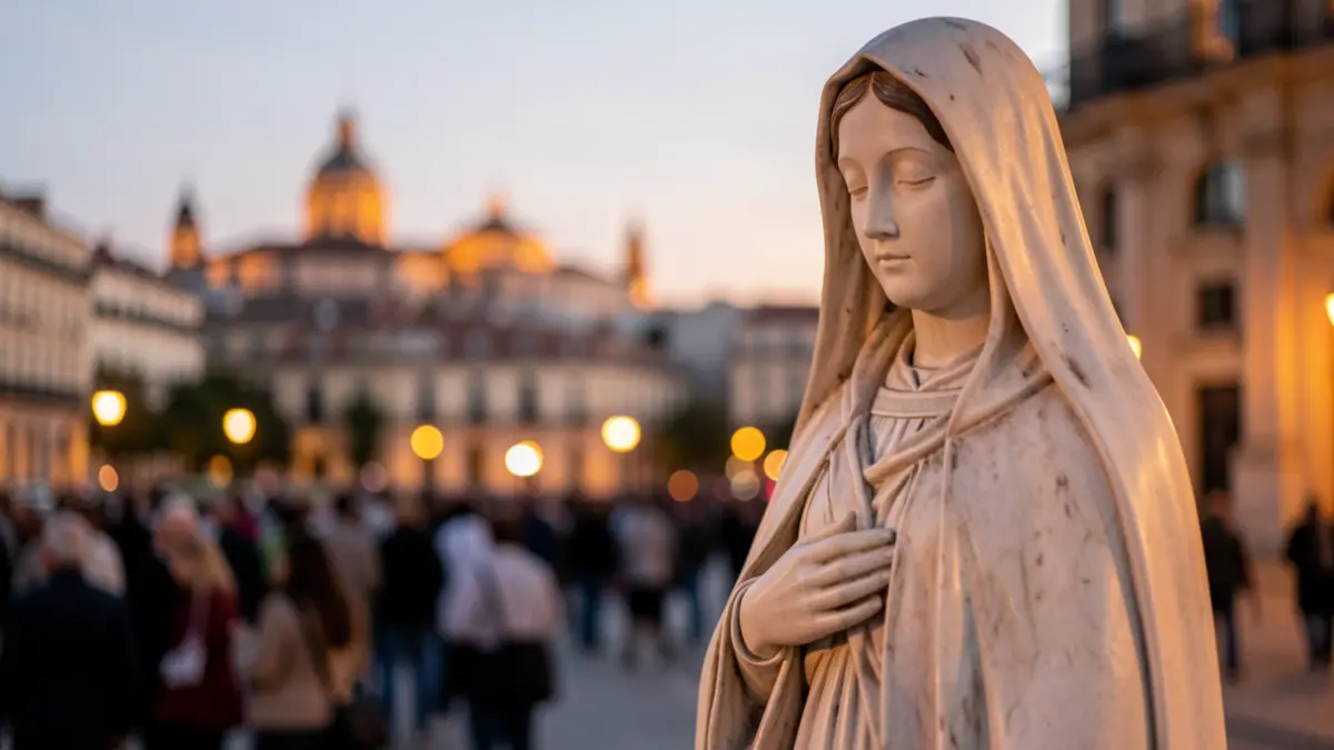 Imagen de la Virgen de la Paloma con el cielo de Madrid al atardecer.