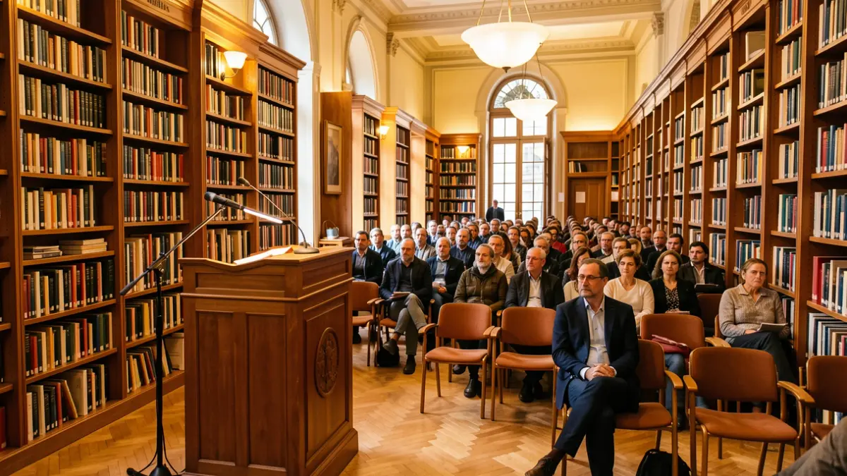 Generic image of a public library with bookshelves and a podium.