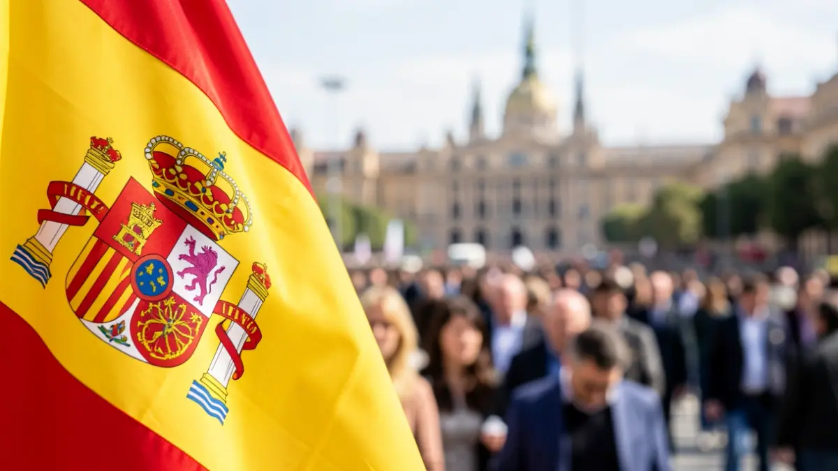 Bandera de España con el perfil de Madrid al fondo.