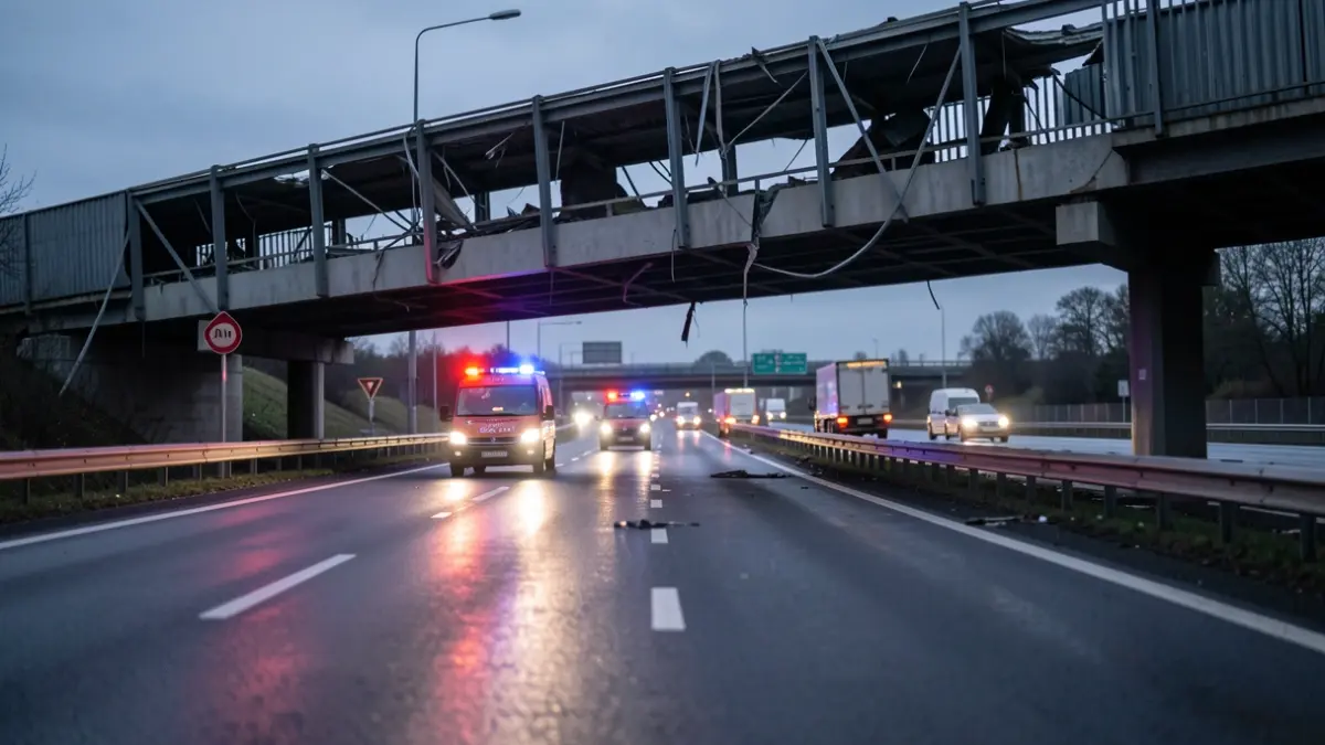 Imagen genérica de una pasarela peatonal dañada sobre una autopista al anochecer, con luces de emergencia.