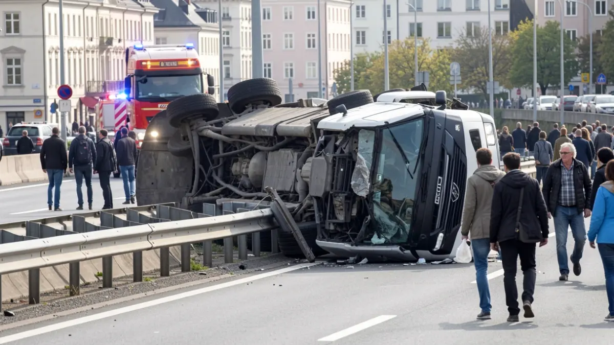 Overturned truck on the M-45 in Madrid with emergency lights.