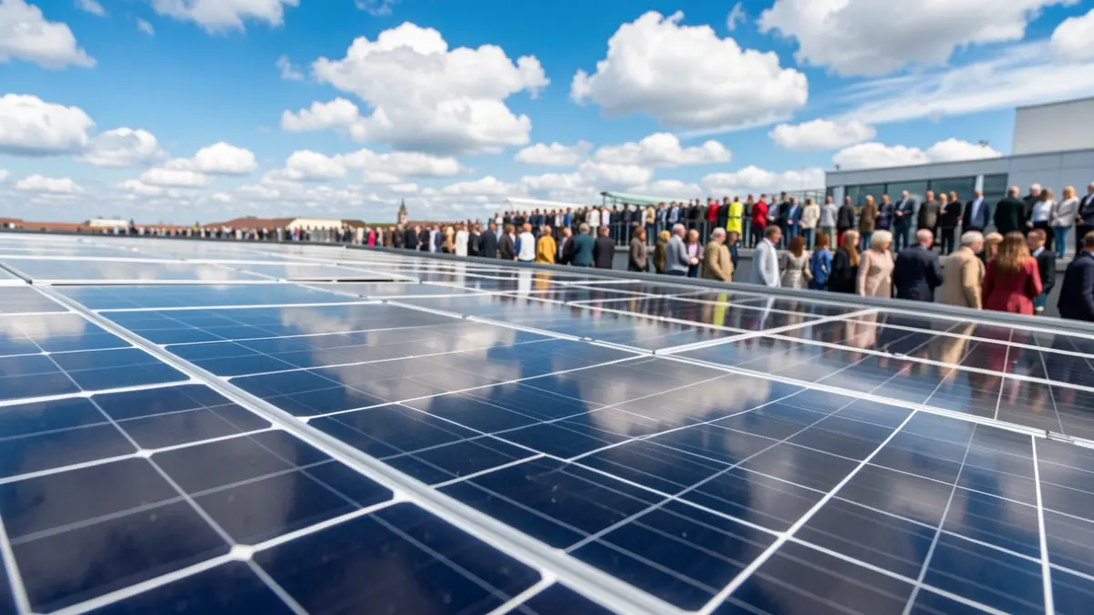 Paneles solares fotovoltaicos sobre un tejado, reflejando el cielo azul.