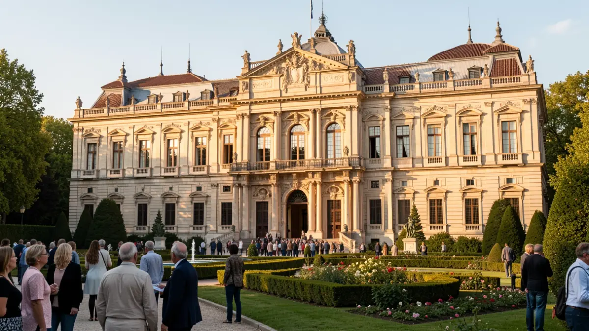 Facade of the Finca Vista Alegre in Madrid, a historic building with gardens and monumental architecture.