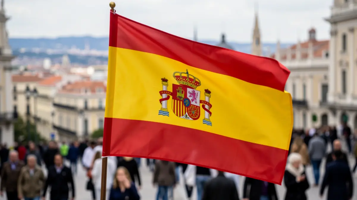 Spanish flag waving with the Madrid skyline in the background.
