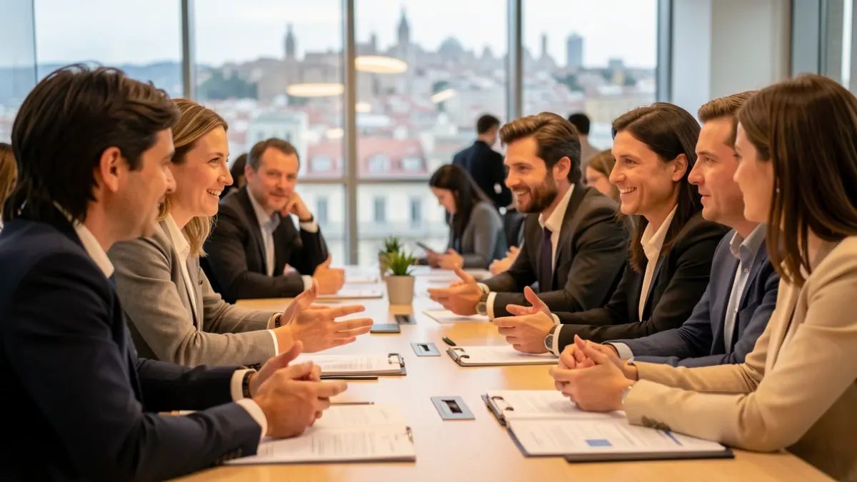 Generic image of professionals collaborating in an office with the Madrid skyline in the background.