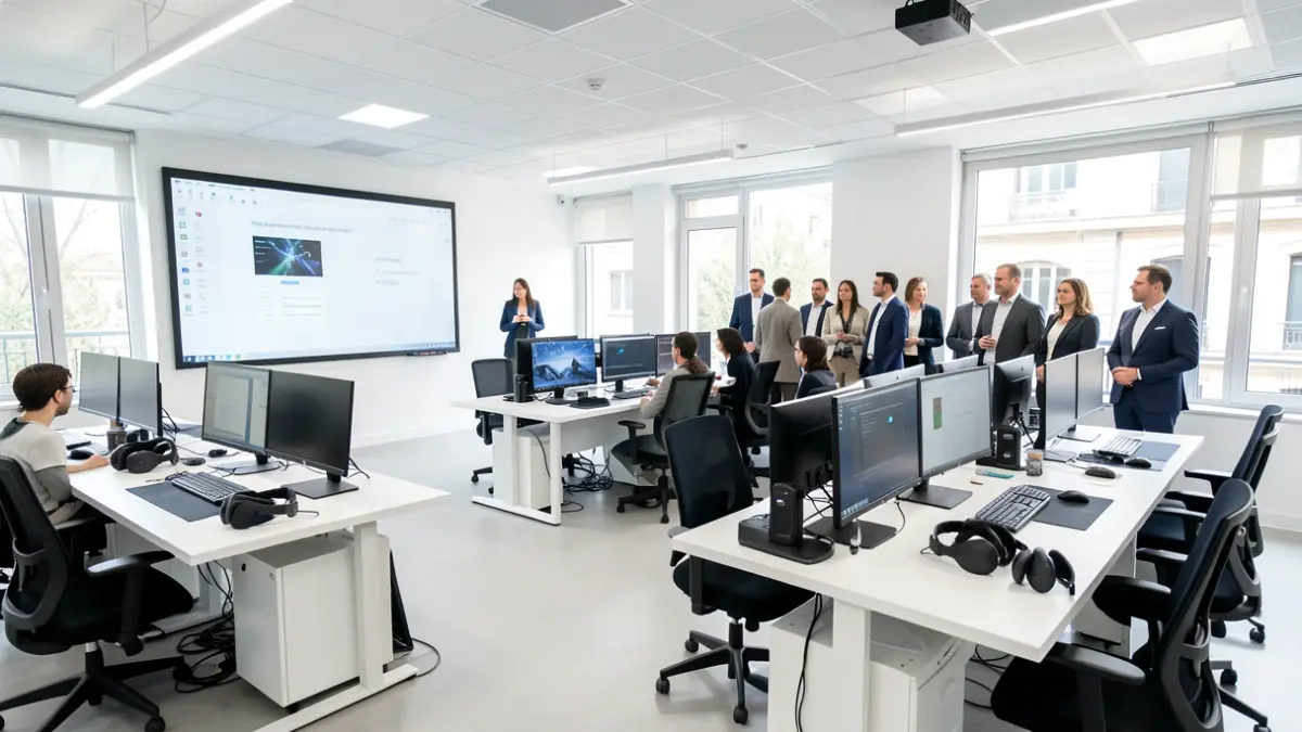 Generic image of a modern digital training center with computers and virtual reality equipment.