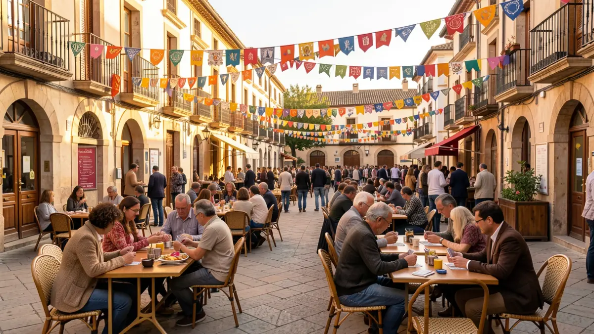 Plaza de Alcalá de Henares durante un torneo de mus con participantes y decoración festiva.